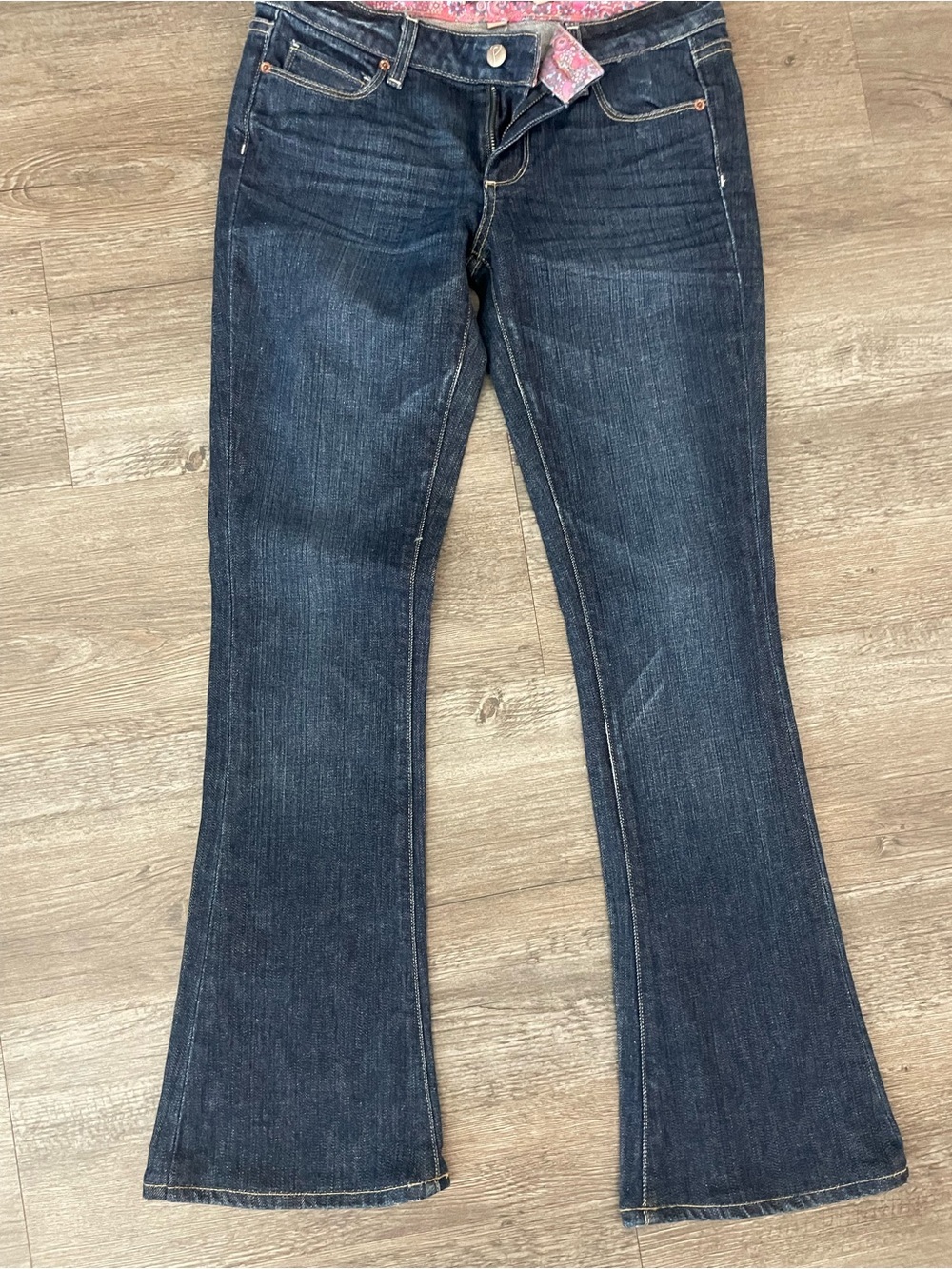 PAIGE Dark Blue Flare Jeans with Pink Waistband Detail - Picture 2 of 5